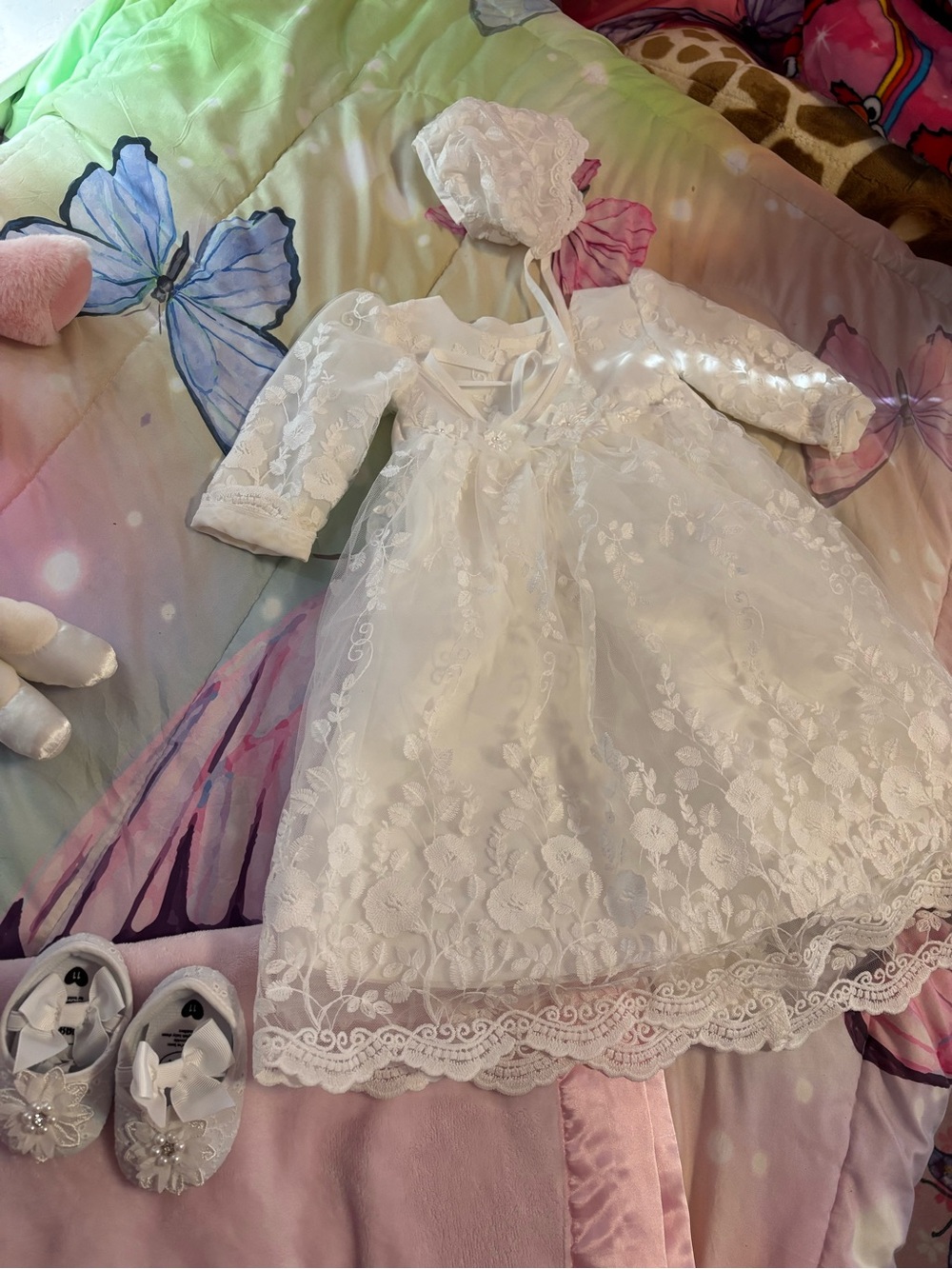 White Lace Infant Christening Gown with Bonnet